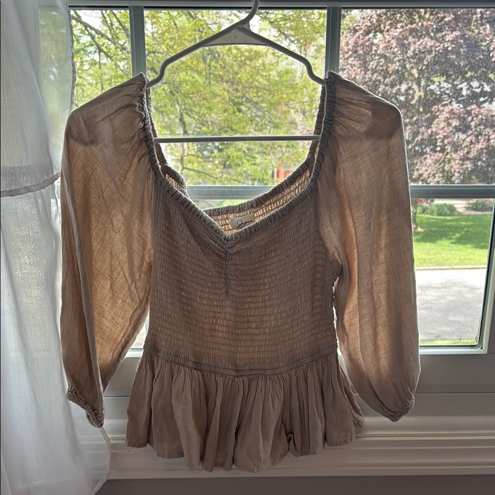 Japna Brown Smocked Puff Sleeve Blouse